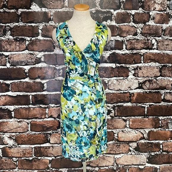 Pendleton Dress Silk Sleeveless Blue Green Knee Length Floral Ruffle Size 4P - Picture 3 of 14
